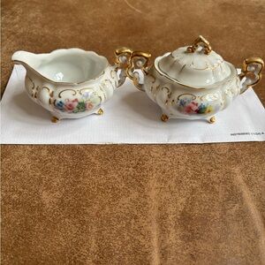 Floral Cream and Sugar Set with Gold Accents. Lefton China CY 292. Gold trim 2”h